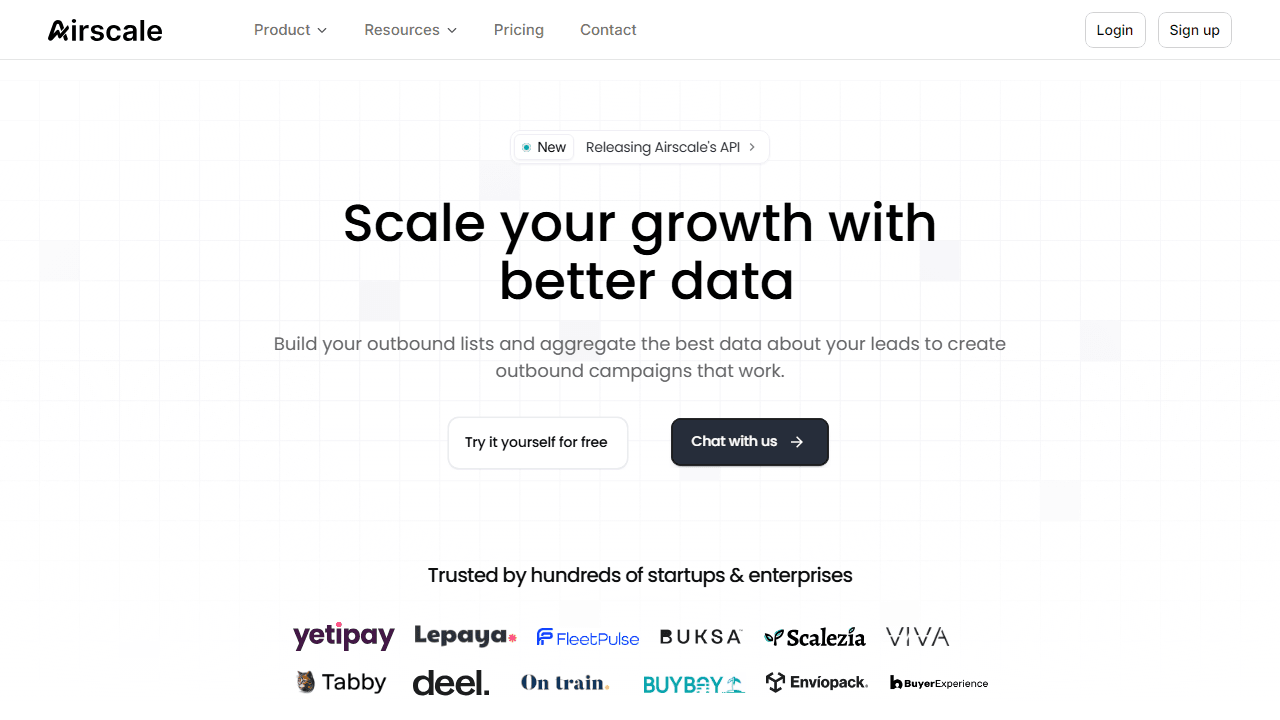 Airscale homepage showing lead sourcing and data enrichment platform interface