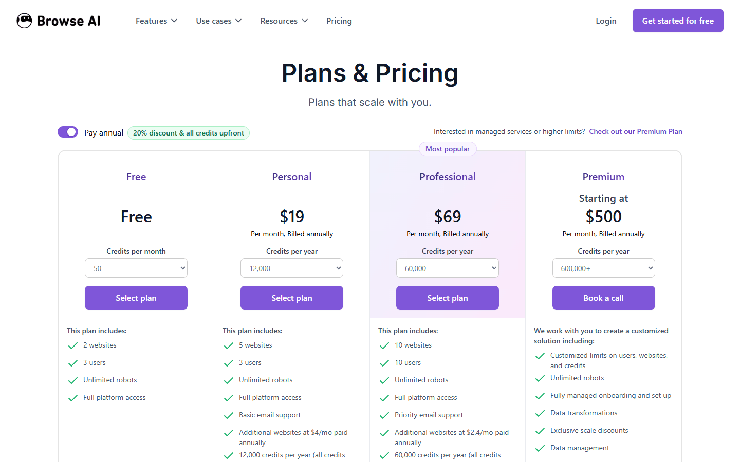 Browse AI pricing page 2026 — Starter, Professional, and Team plan credits and pricing