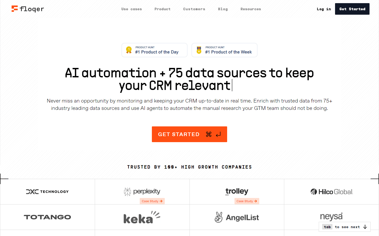 Floqer homepage showing AI automation and 75 data sources for CRM enrichment