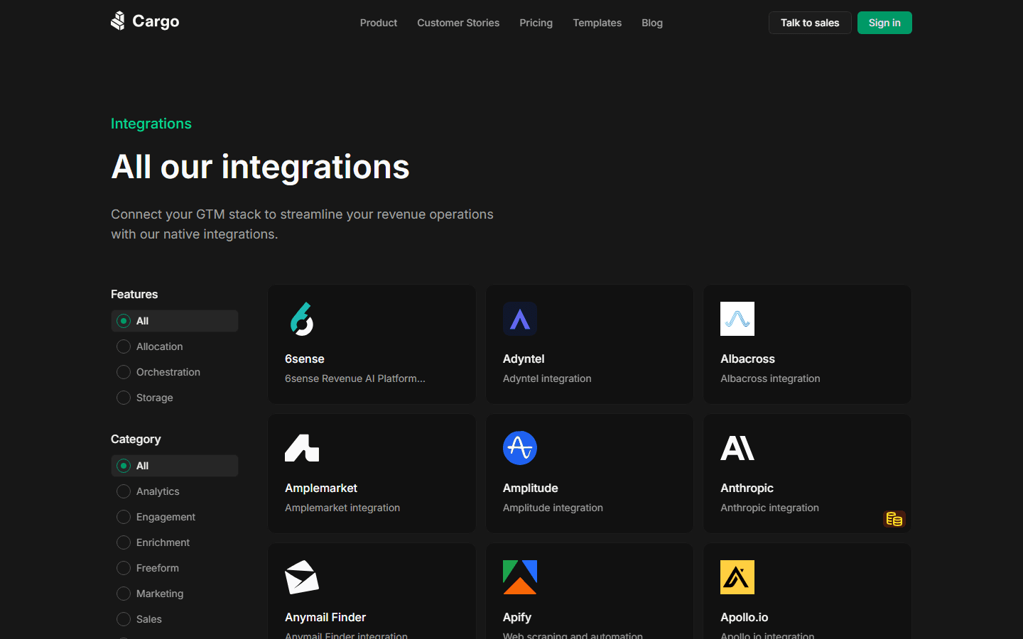 GetCargo.ai integrations page showing 100+ connected tools and data providers