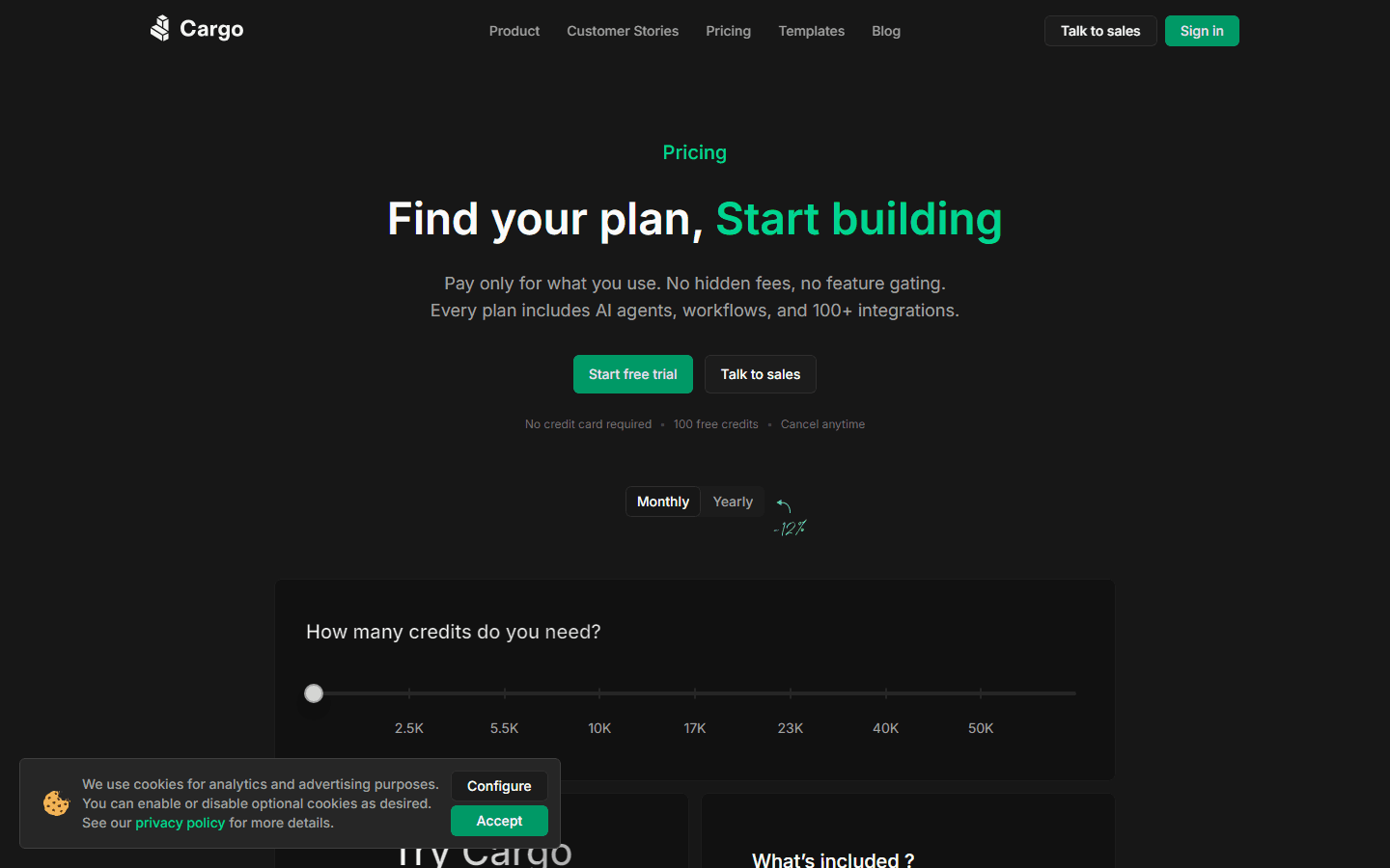 GetCargo.ai pricing page showing Free, Starter, Professional, and Enterprise plans