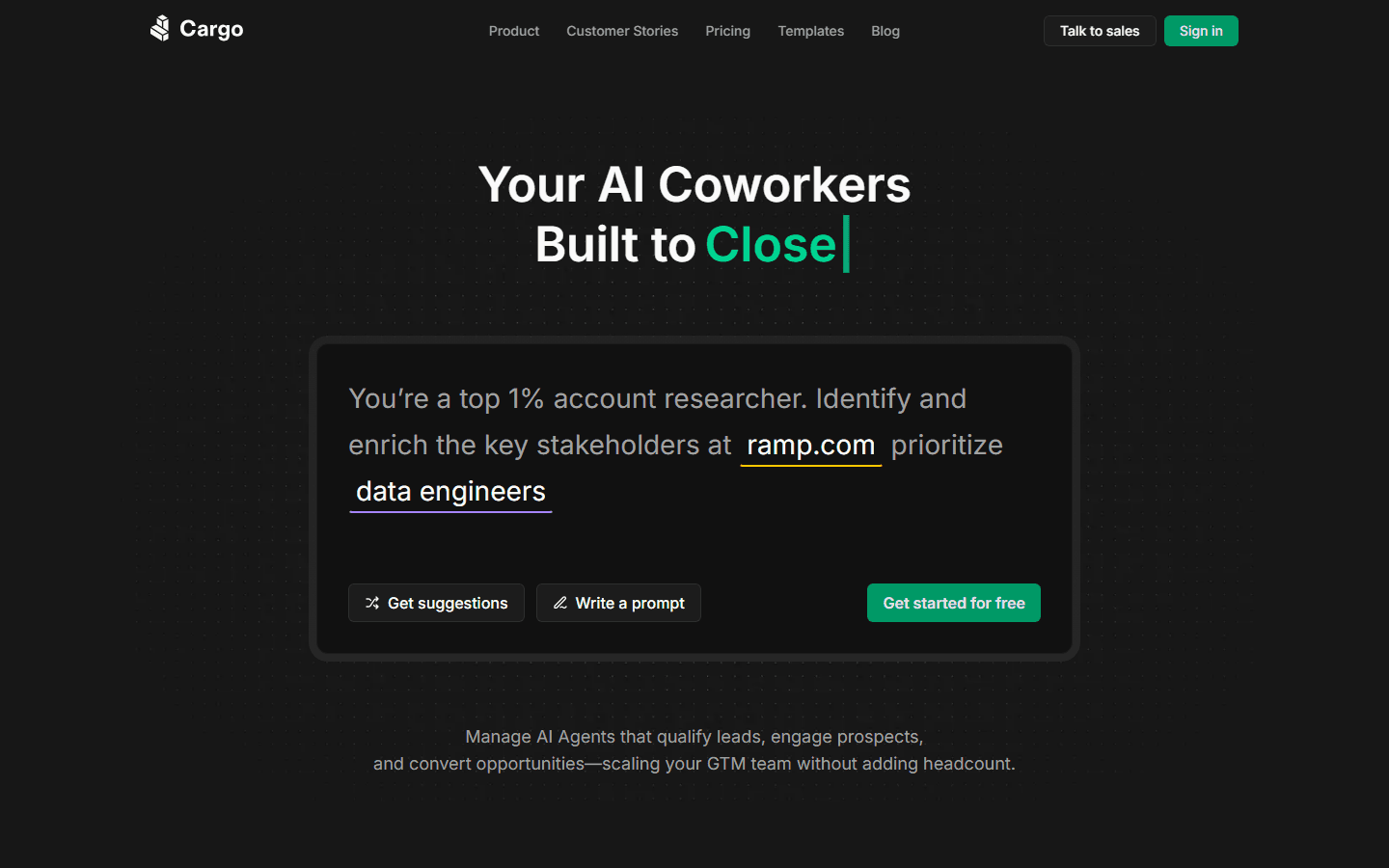 GetCargo.ai platform homepage showing AI agent workflow builder