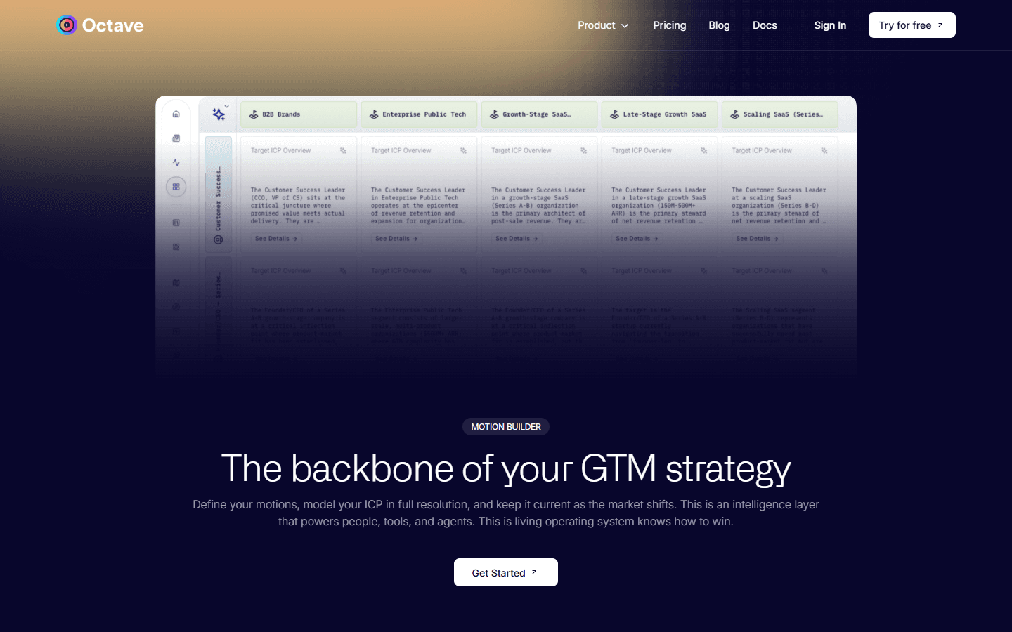 Octave Motion Builder feature page showing GTM workflow automation interface