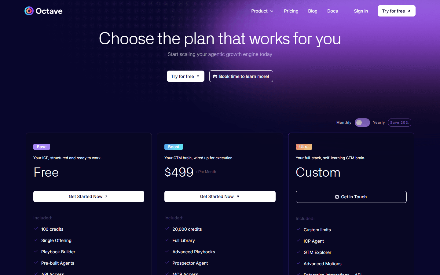 Octave pricing page showing Base free plan, Boost at $499/mo, and Ultra custom pricing