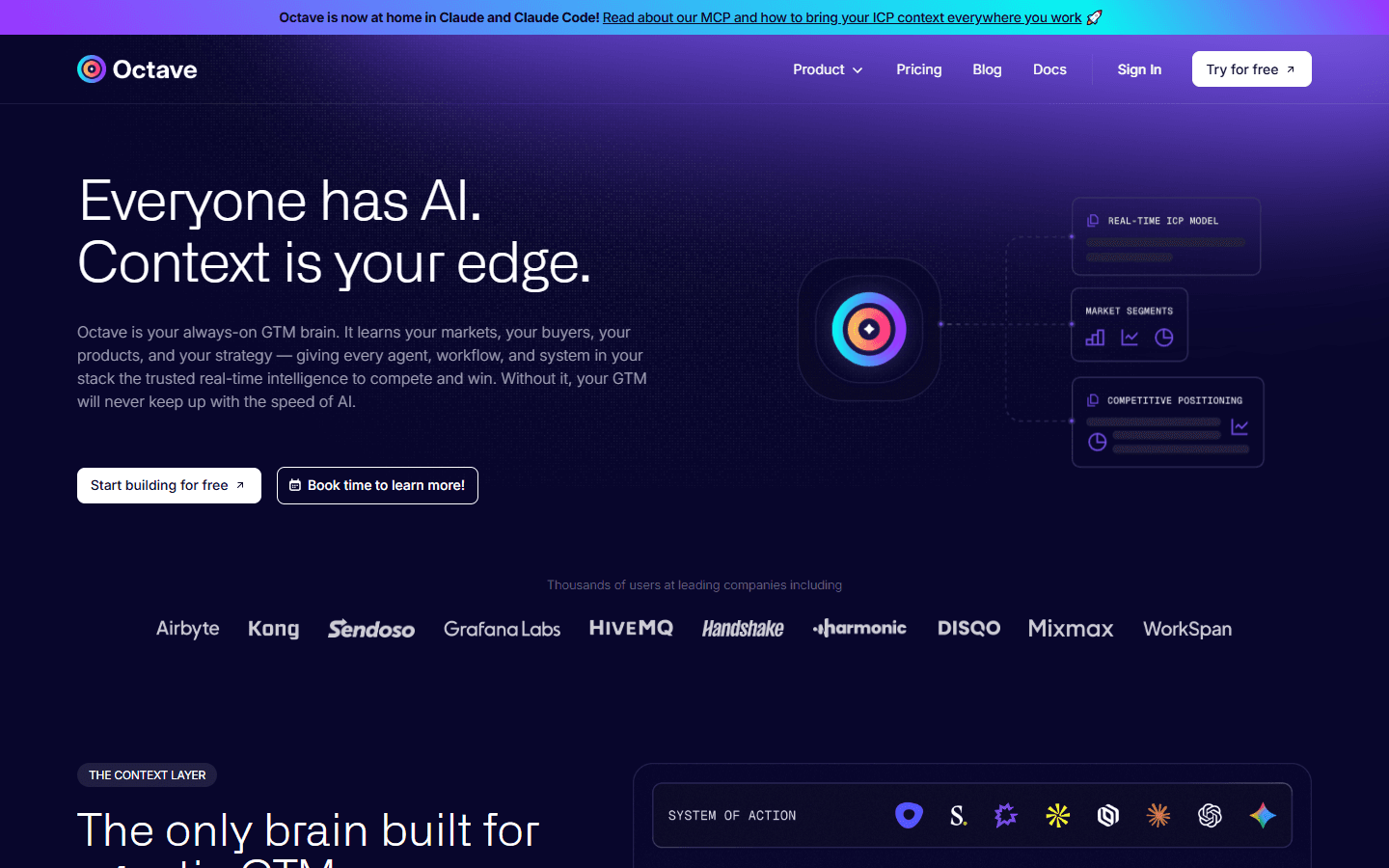 Octave homepage showing AI GTM brain and ICP modeling interface