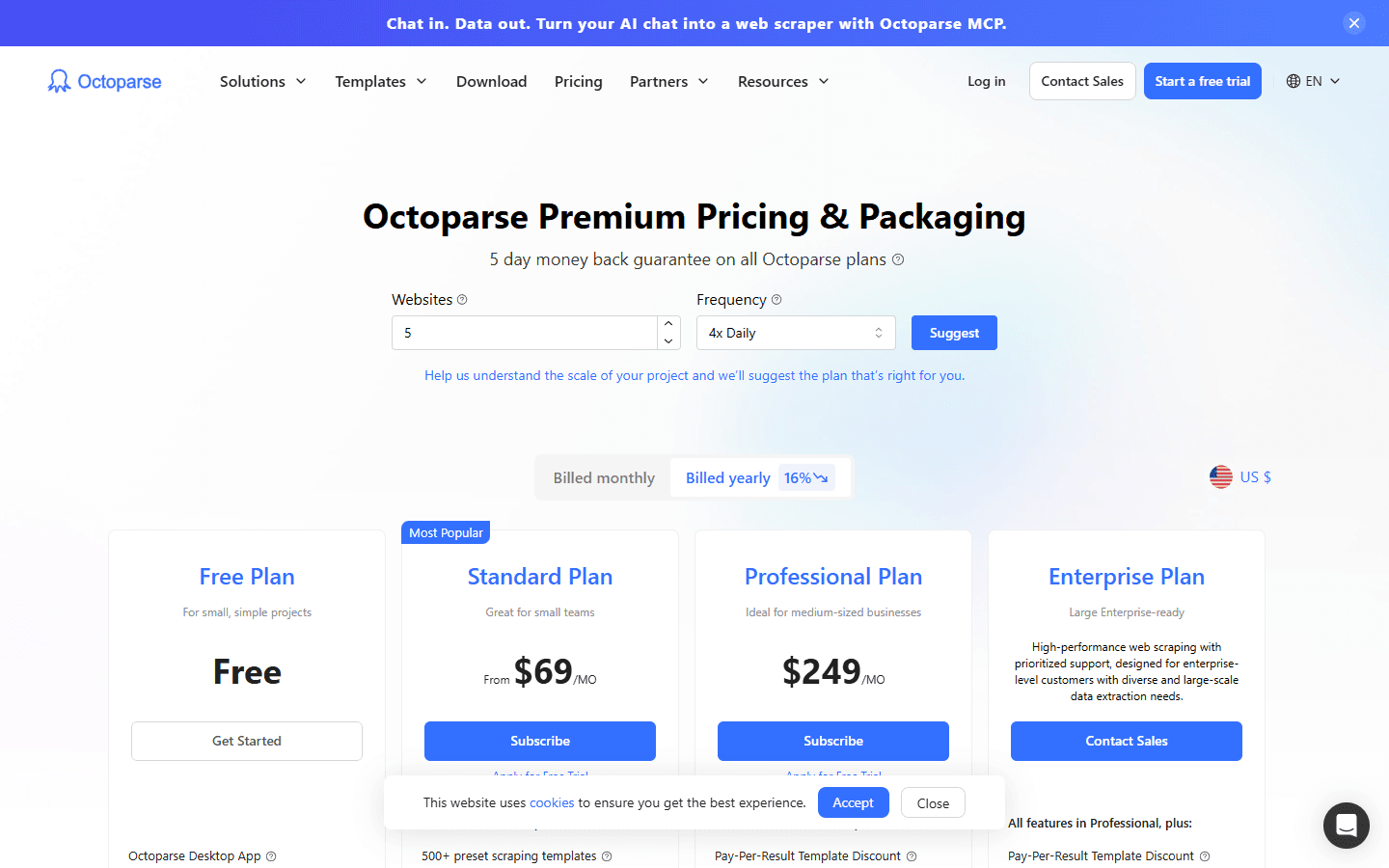 Octoparse pricing page 2026 — Standard, Professional, and Enterprise plan comparison