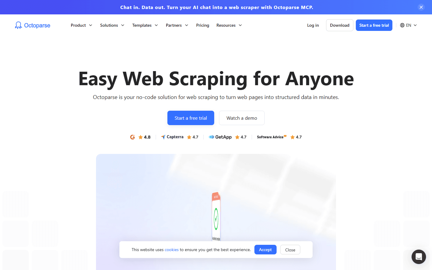 Octoparse web scraper homepage — visual no-code scraping tool for business users