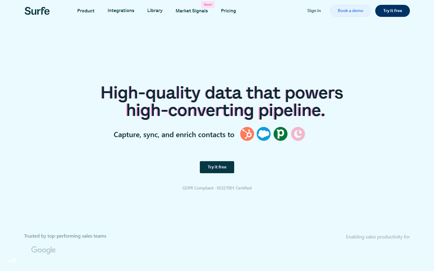 Surfe review — homepage showing the LinkedIn-to-CRM sync platform and Chrome extension