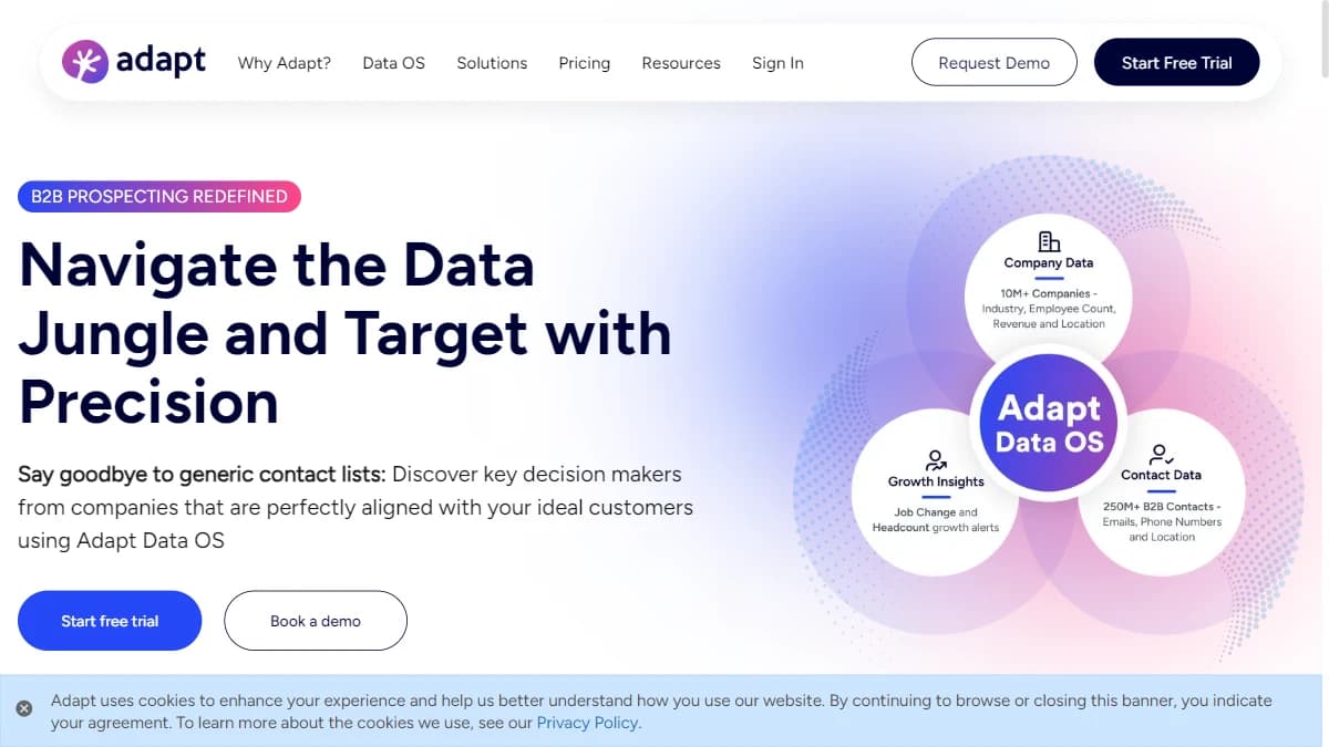 Adapt.io homepage — affordable mid-market B2B contact data as an InfoGlobalData alternative