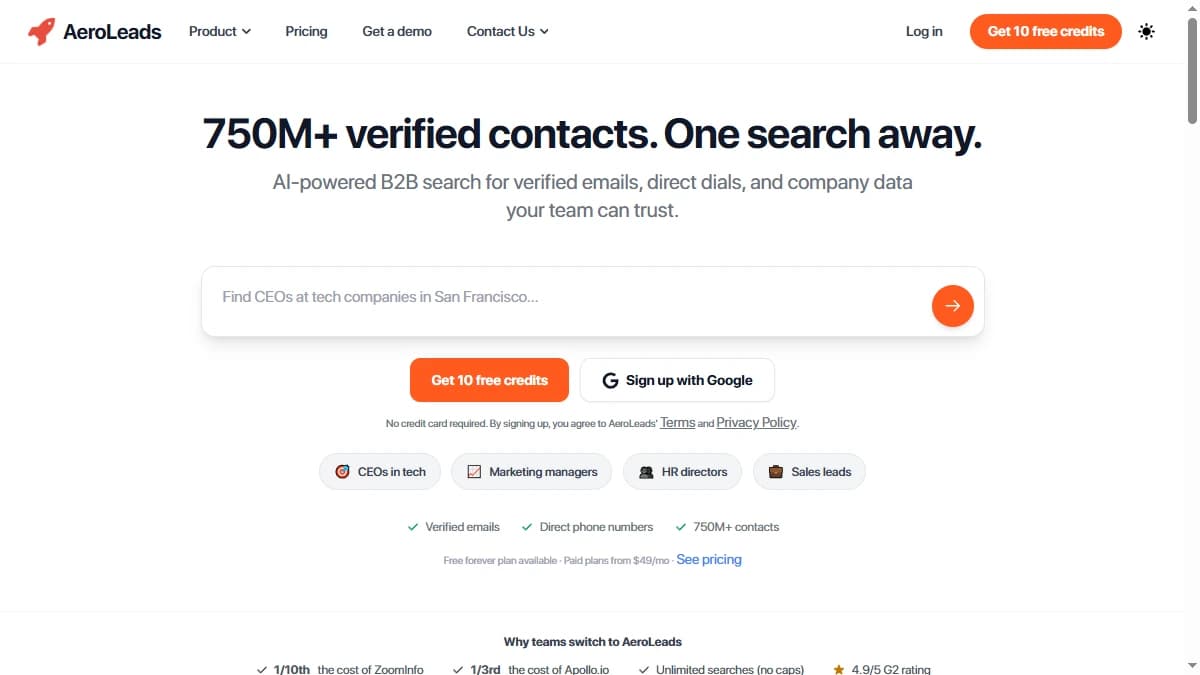 AeroLeads homepage — single-source Chrome-extension email finder evaluated for B2B prospecting in 2026