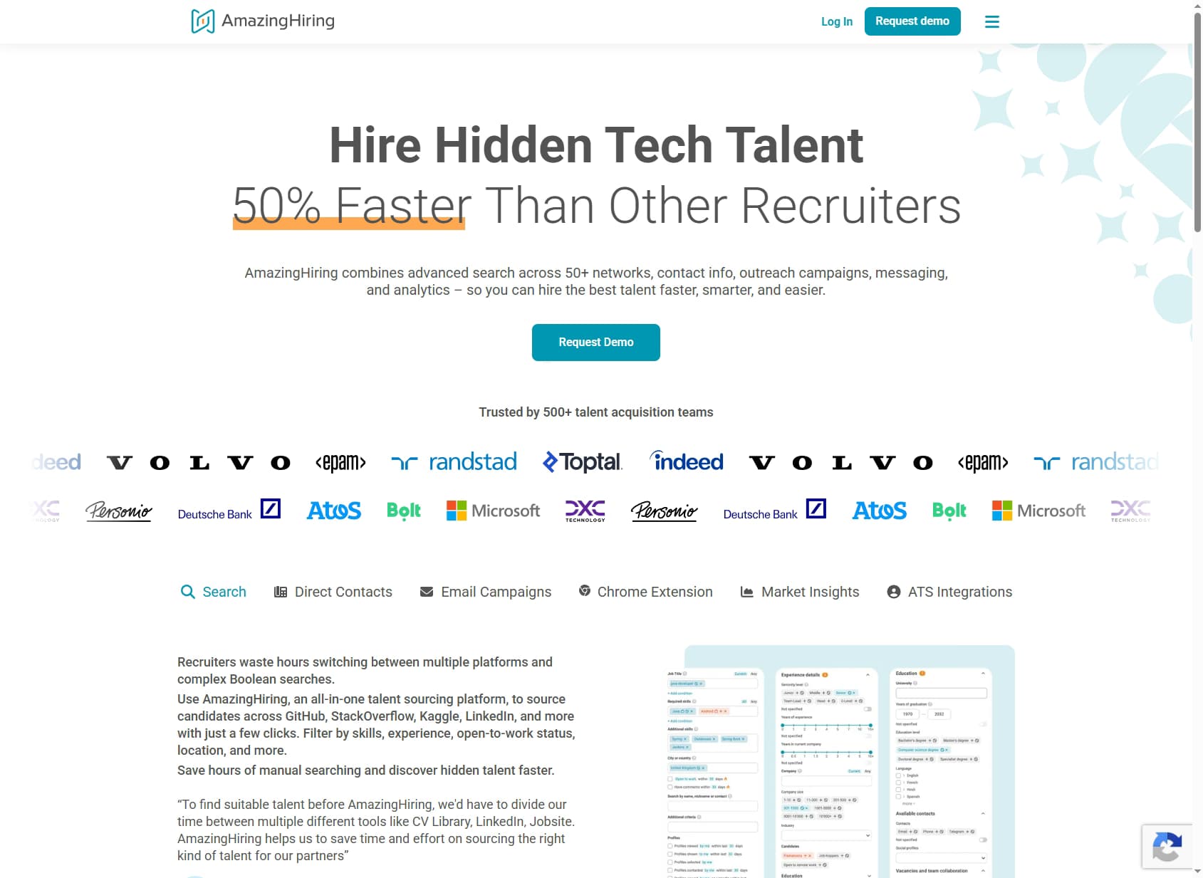 AmazingHiring homepage — AI-powered talent sourcing platform for tech recruiting