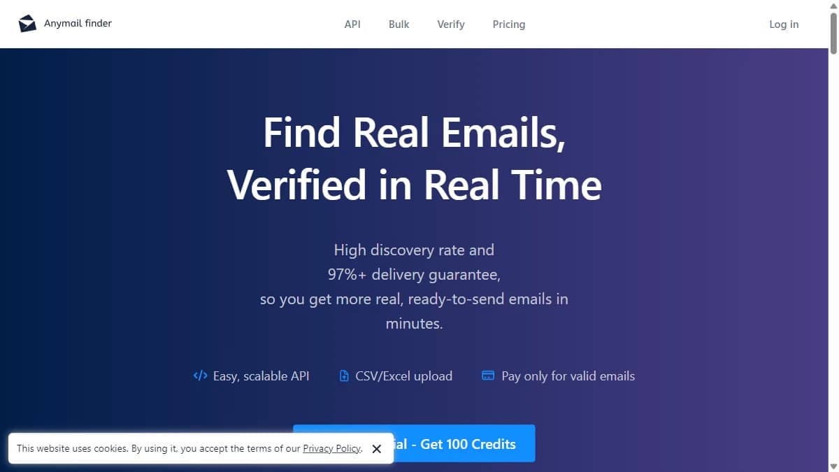 AnyMailFinder homepage showing pay-per-verified email finder