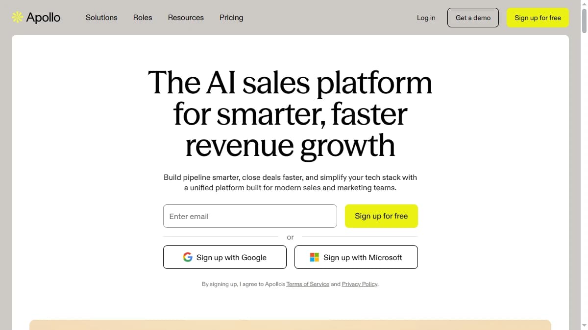 Apollo.io homepage -- high-volume free email finder with 275M contact database