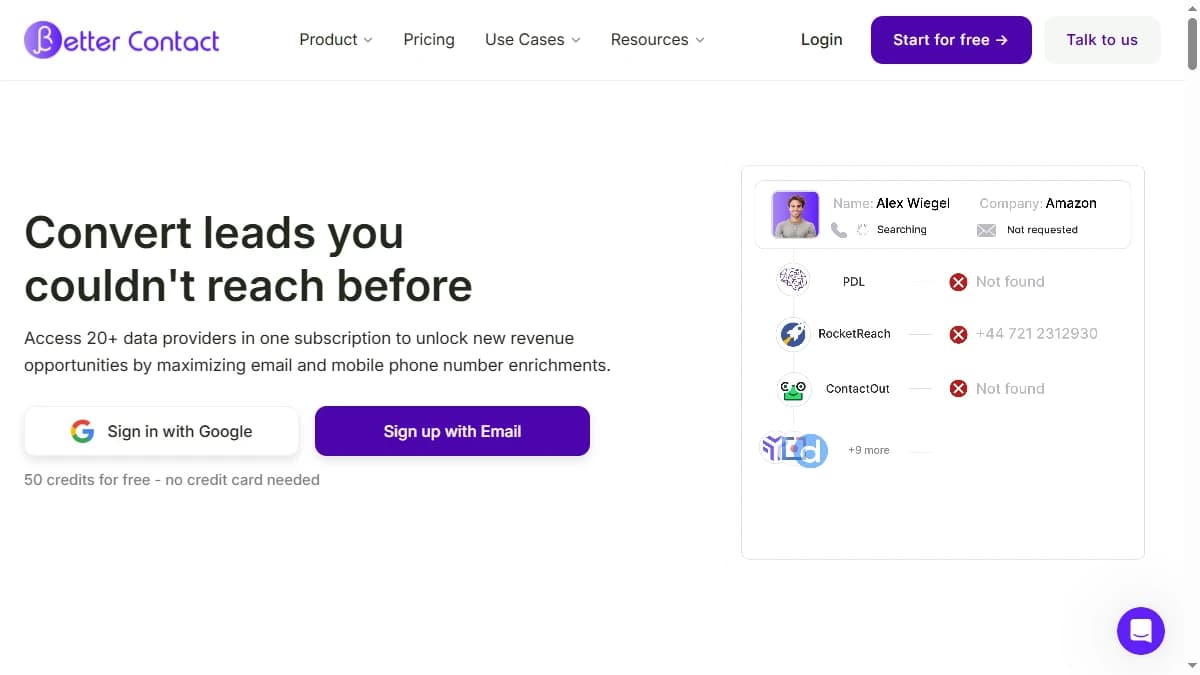 BetterContact email enrichment interface — waterfall contact provider with 98.5% hit rate