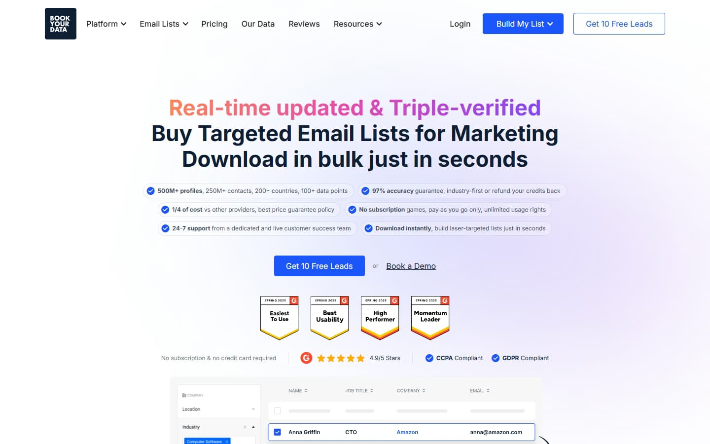 BookYourData homepage showing 250M verified B2B contacts and pay-as-you-go pricing