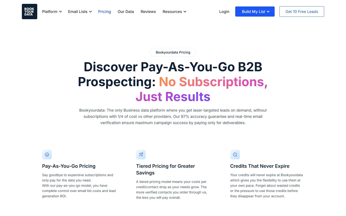 BookYourData pricing page showing pay-as-you-go credit packs from $99 with volume discounts
