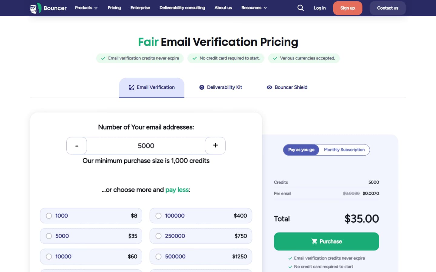 Bouncer pricing page showing pay-as-you-go email verification rates — bouncer review 2026
