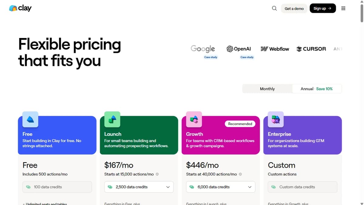 Clay pricing page showing new Launch, Growth, and Enterprise plans — March 2026