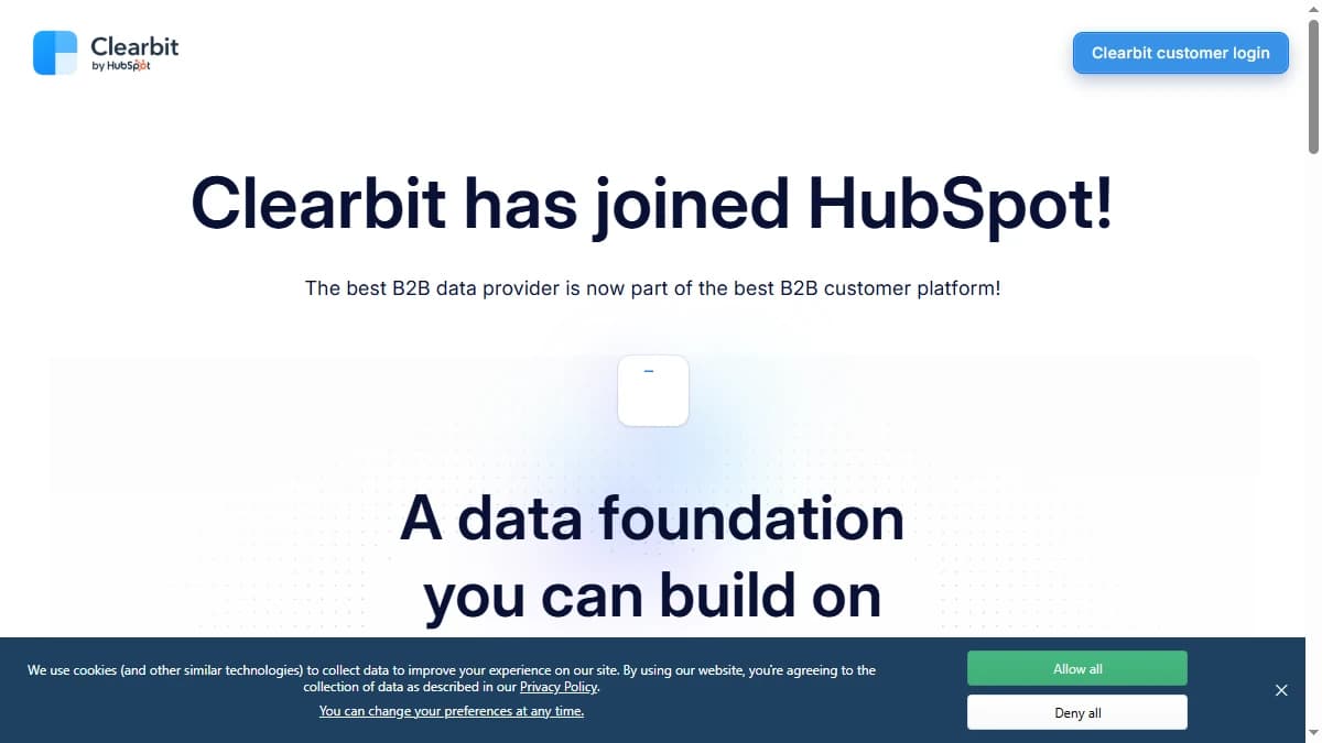 Clearbit homepage — HubSpot-native Similarweb alternative for B2B company enrichment and form shortening