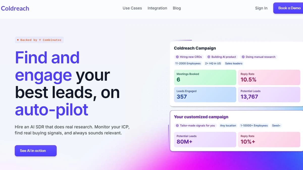 Coldreach AI SDR platform homepage showing Find and engage your best leads on auto-pilot — Coldreach alternative to Bitscale