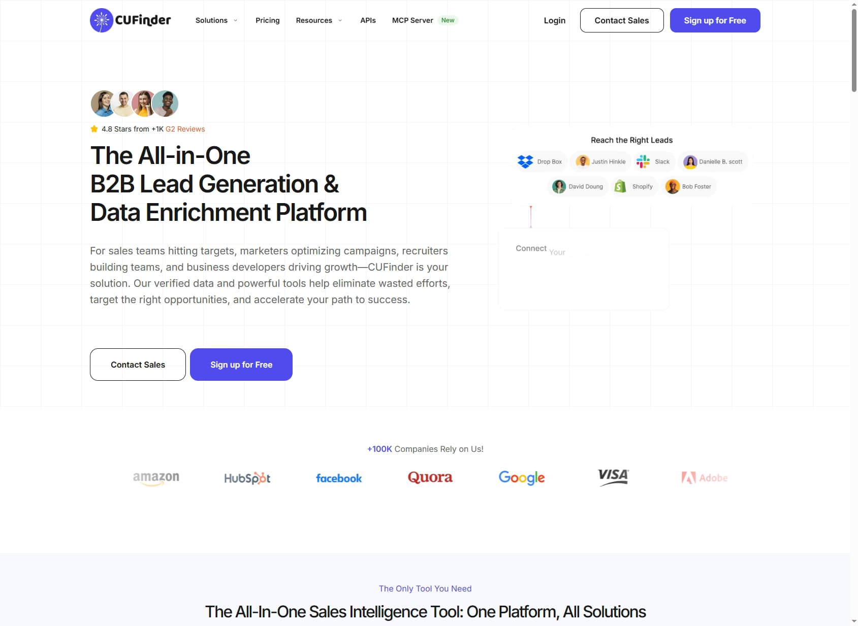 CUFinder homepage 2026 — all-in-one B2B marketing intelligence platform for contact and company data