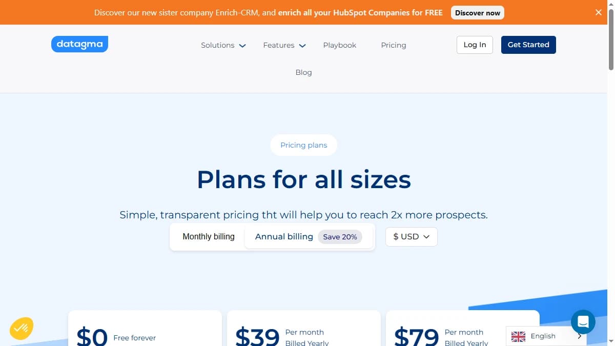 Datagma pricing page showing credit-based plans for B2B data enrichment and job change alerts