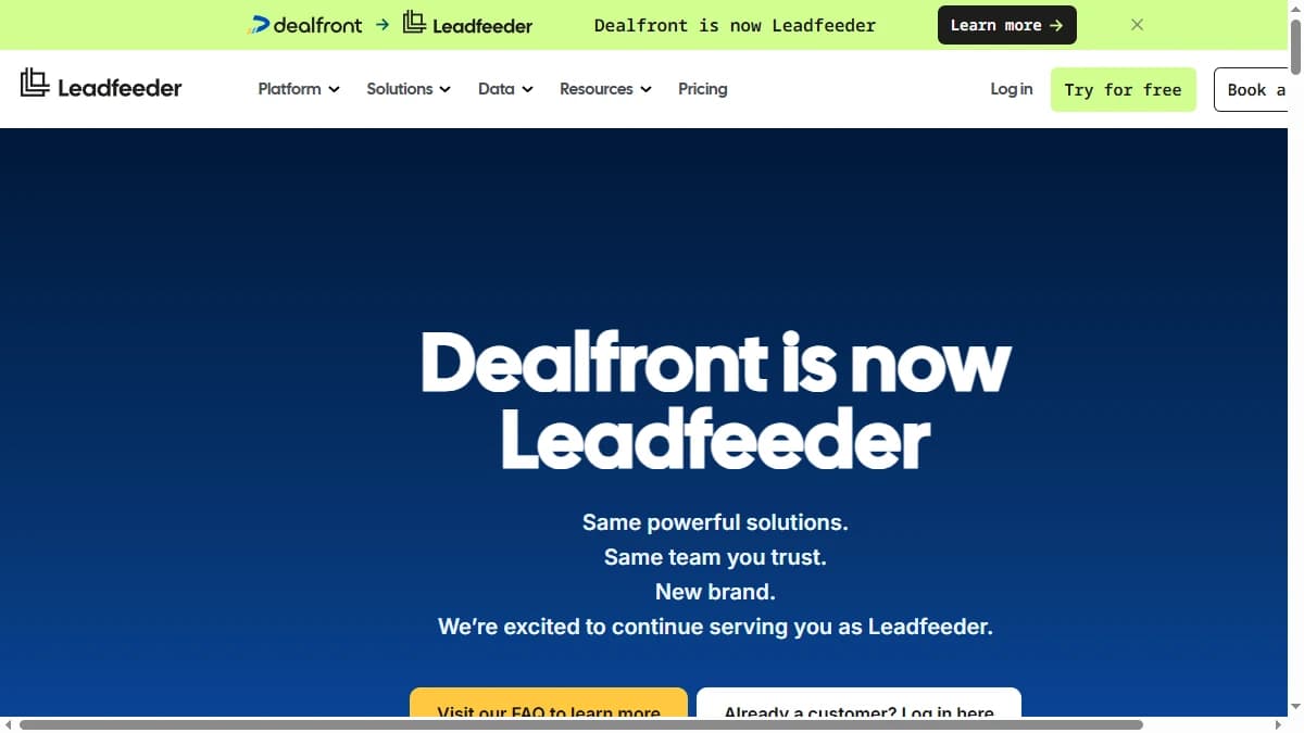 Dealfront homepage showing European B2B sales intelligence and website visitor identification platform — LeadRebel alternative