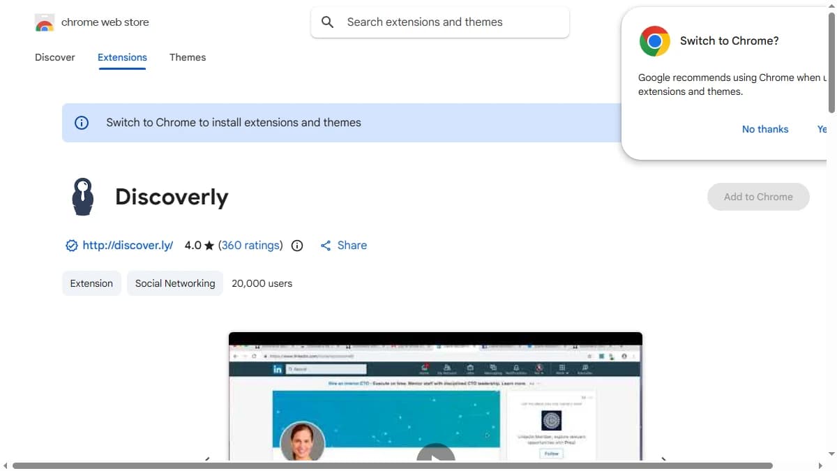 Discoverly Chrome Web Store listing 2026 — 4.0 star rating across roughly 361 reviews and about 20,000 users