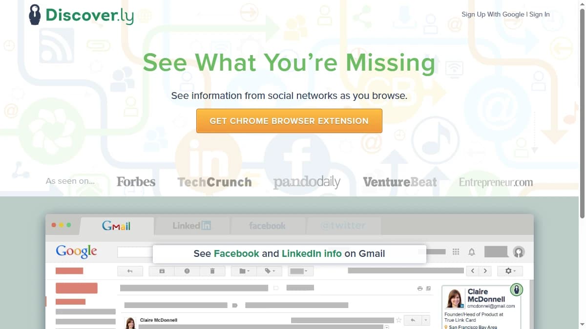 Discoverly homepage 2026 — free Chrome extension that overlays Facebook, LinkedIn, X, and Gmail social data