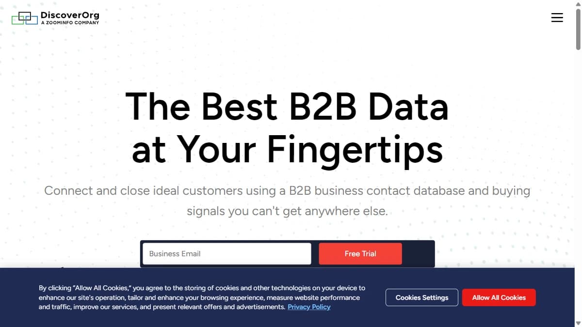 DiscoverOrg (now ZoomInfo) homepage showing enterprise B2B intelligence platform