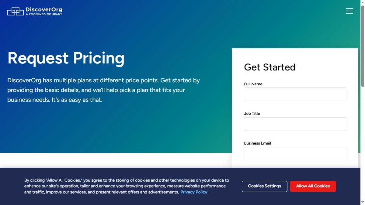 DiscoverOrg (now ZoomInfo) pricing page showing enterprise B2B intelligence plans