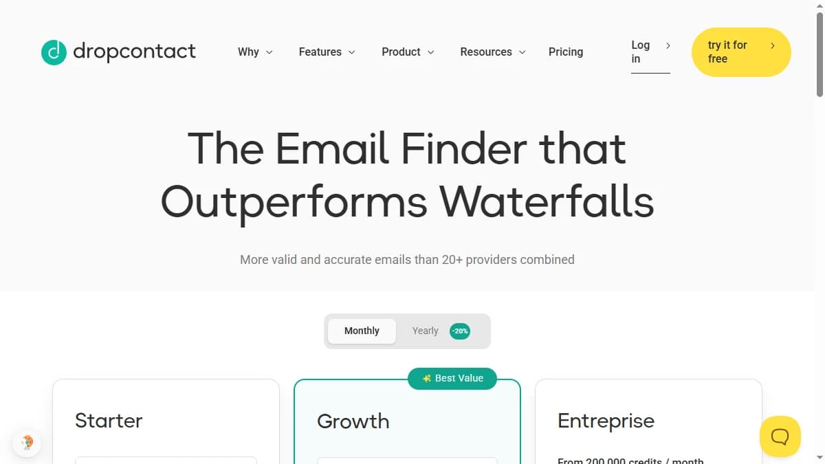 Dropcontact pricing page showing credit-based plans for GDPR-compliant email enrichment