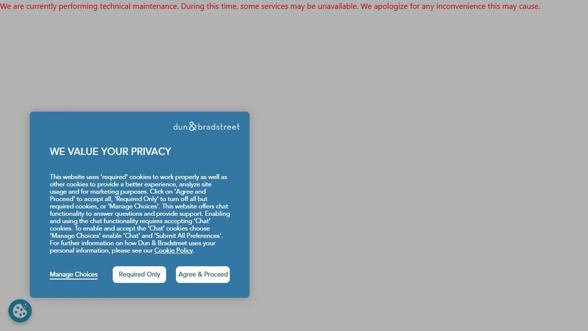 Dun and Bradstreet homepage showing enterprise business data and analytics platform