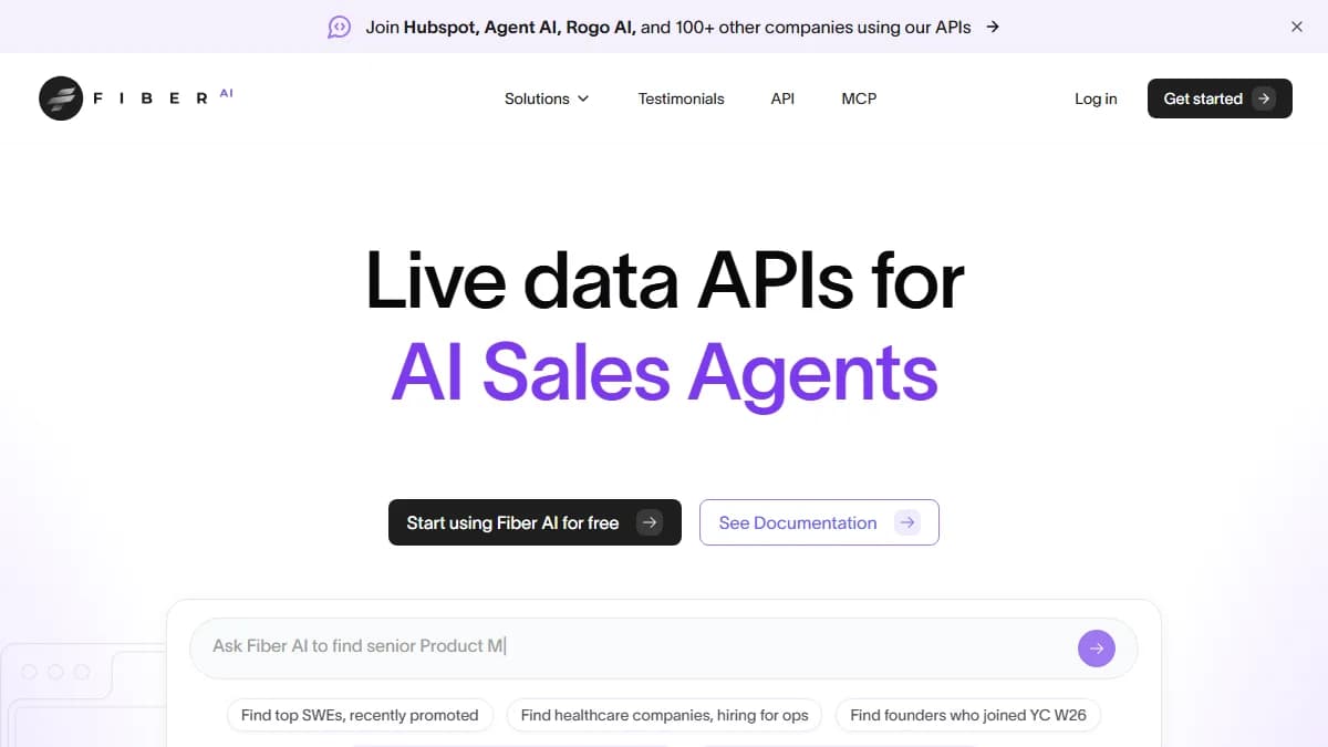 Fiber AI homepage showing AI prospecting agent that uses 50+ data sources for lead research