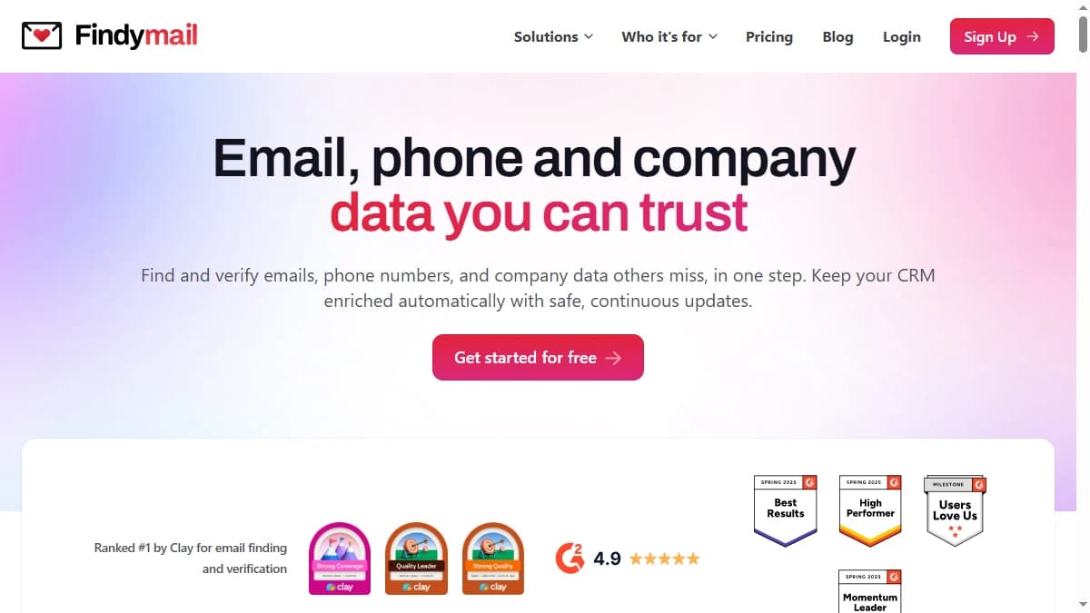 Findymail homepage showing email finder for outbound sales teams