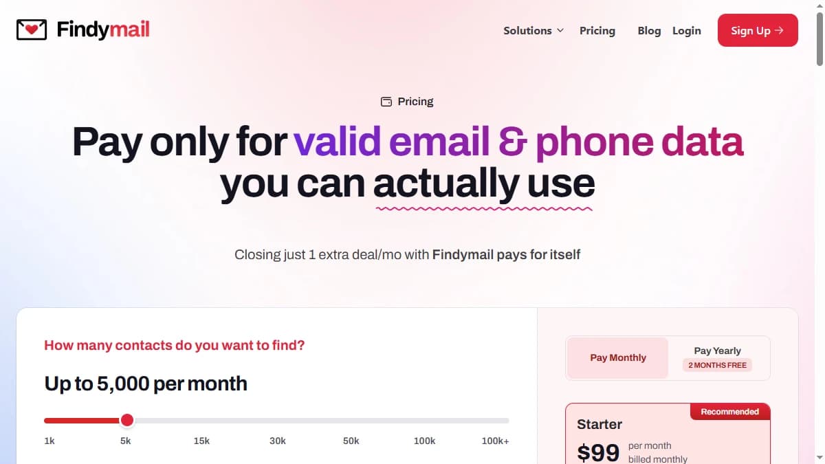 Findymail pricing page showing Starter, Scaling, and Business plans for email finding and verification