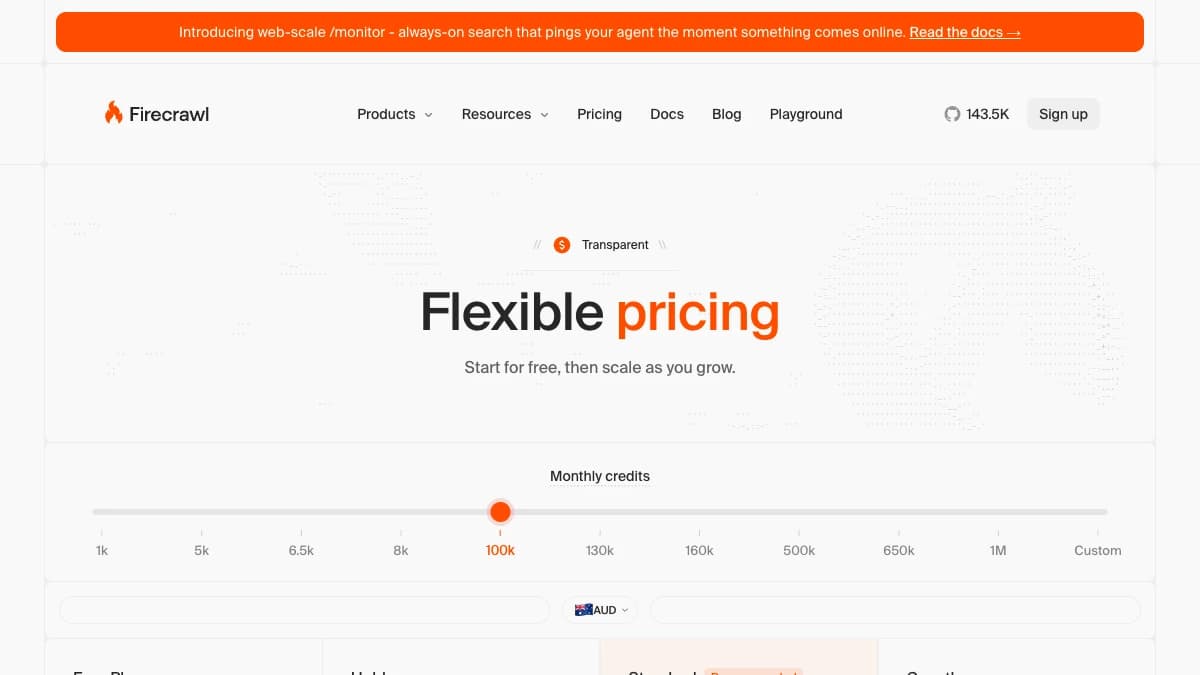 Firecrawl pricing page 2026 — plans from $16/mo with credits per page