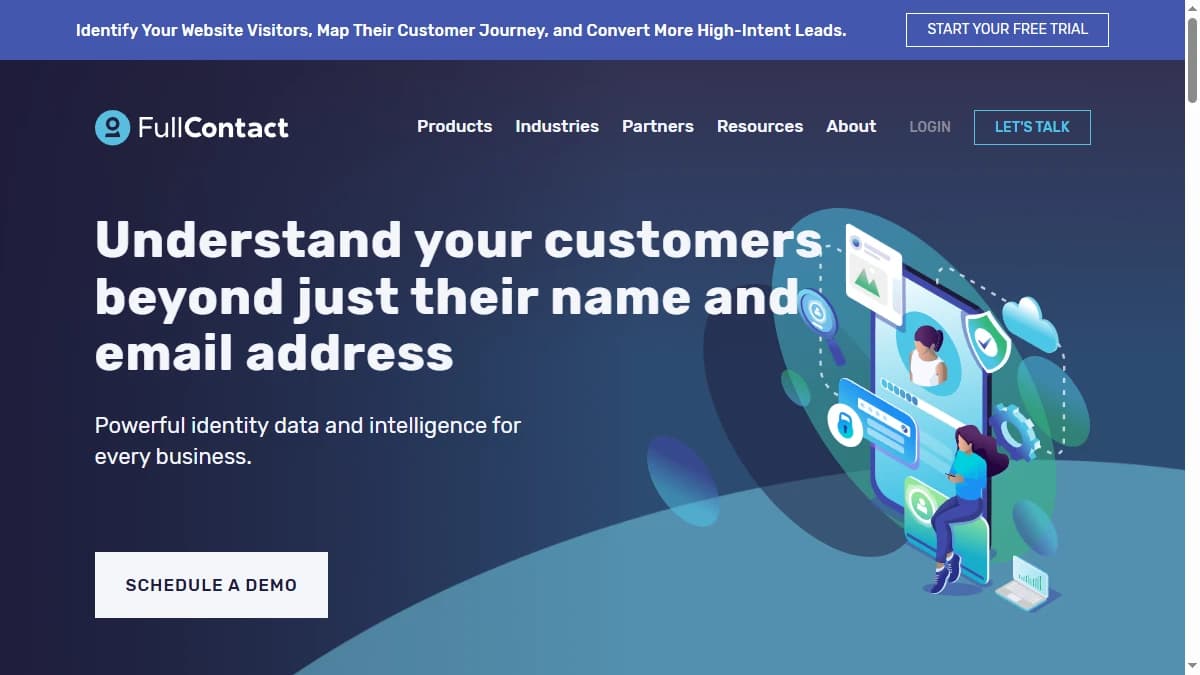 FullContact homepage showing identity resolution platform for unifying customer data across channels