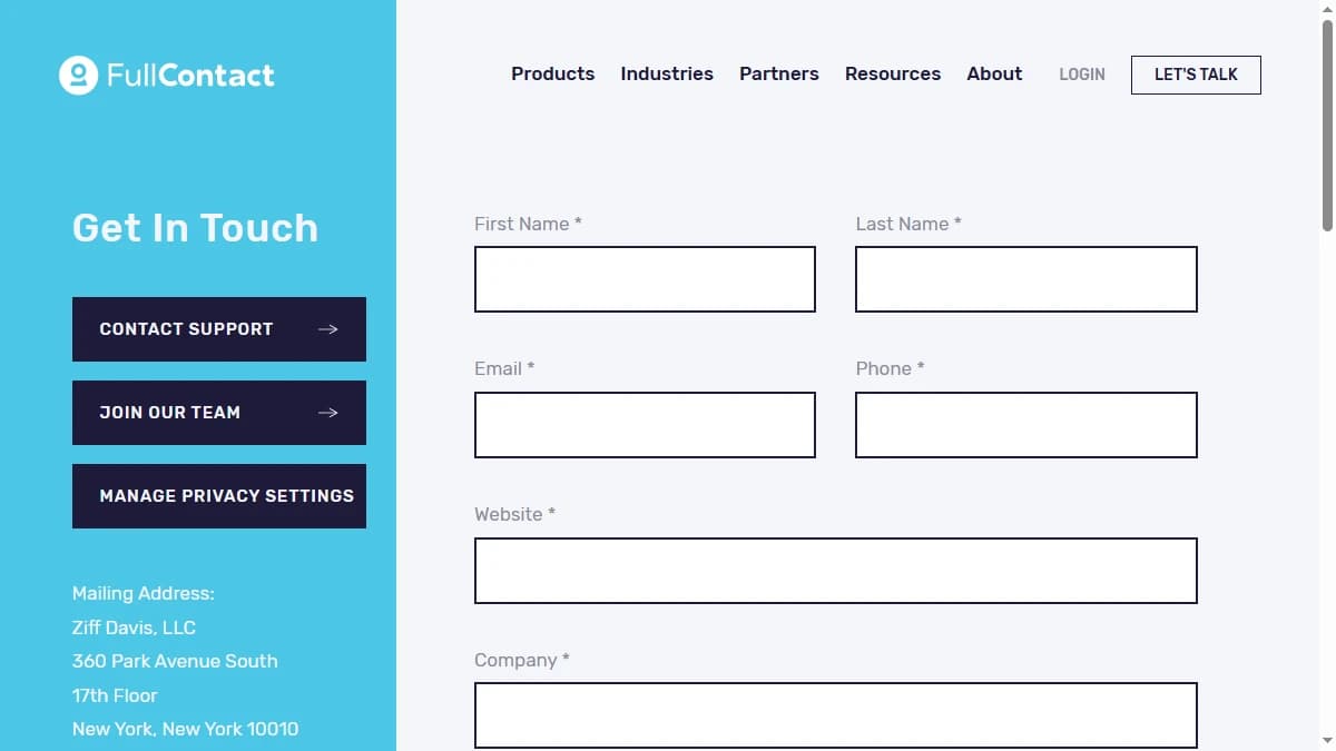 FullContact pricing page showing API-based pricing tiers and enterprise plans