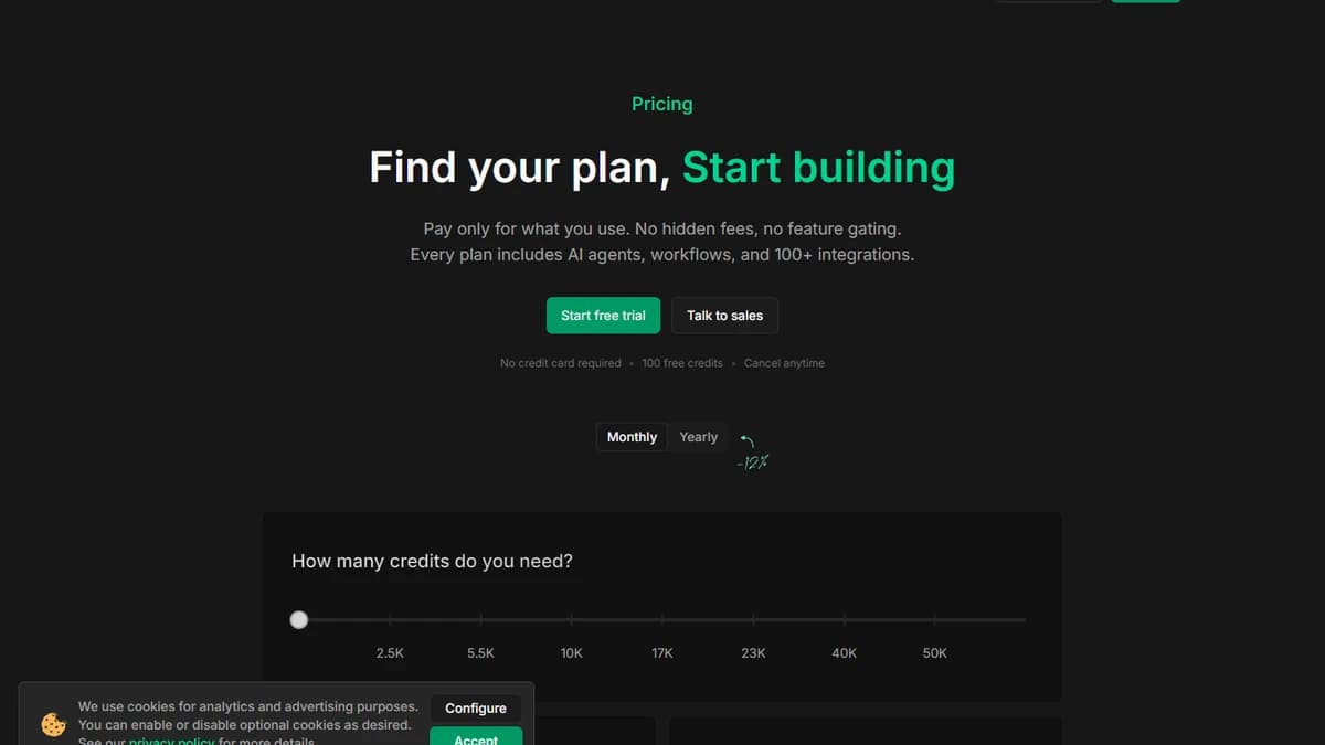 GetCargo.ai pricing page showing credit-based plans with slider from 2.5K to 50K credits and monthly yearly billing toggle