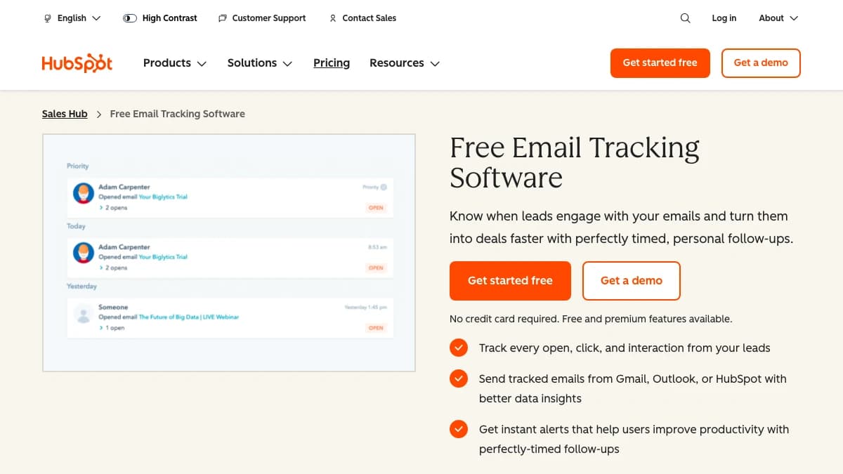HubSpot free email tracking page — Yesware alternative with tracking in Gmail and Outlook