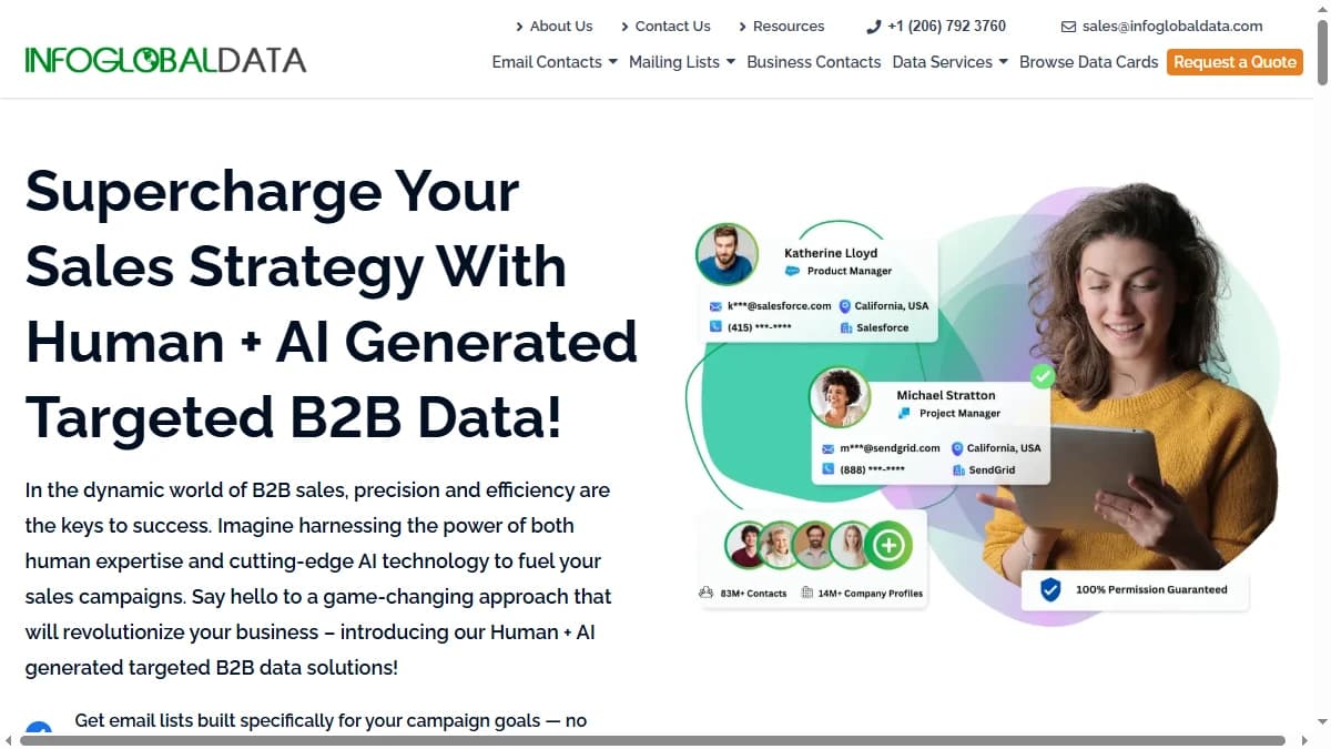 InfoGlobalData homepage — static B2B email-list vendor evaluated as an alternative for B2B prospecting in 2026