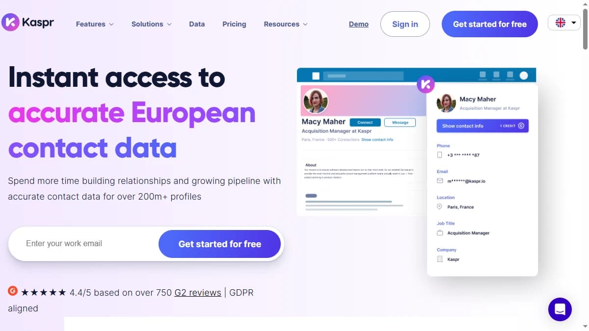 Kaspr LinkedIn Chrome extension for European B2B contact data — affordable Lusha alternative