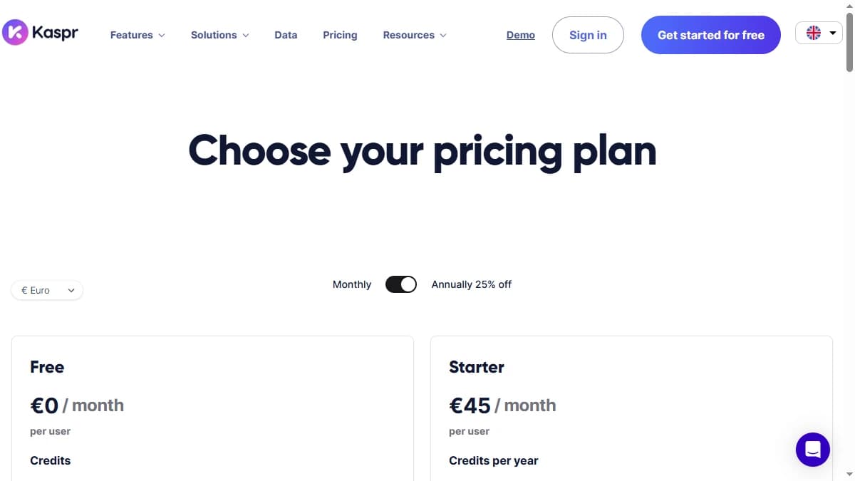 Kaspr pricing page showing Free, Starter, Business, and Organization plans with phone and email credit allocations