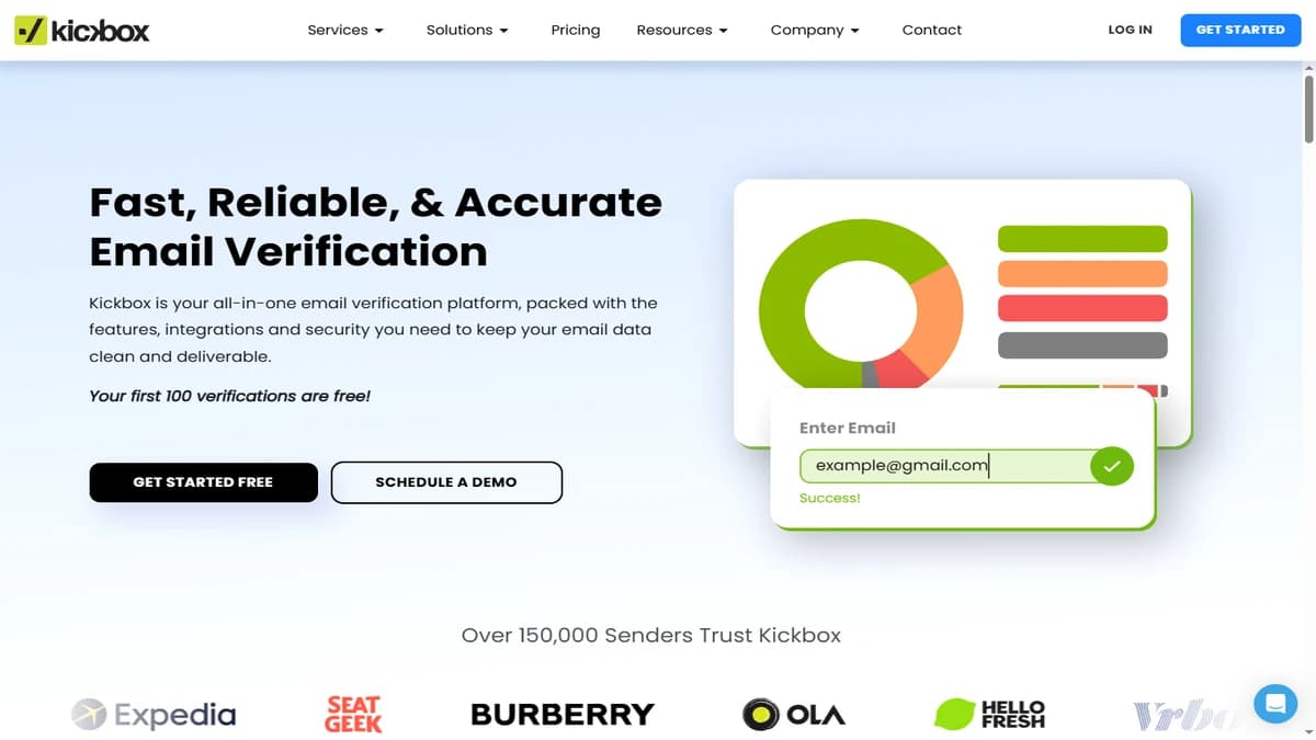 Kickbox email verification platform homepage — DeBounce alternative with Sendex quality scoring