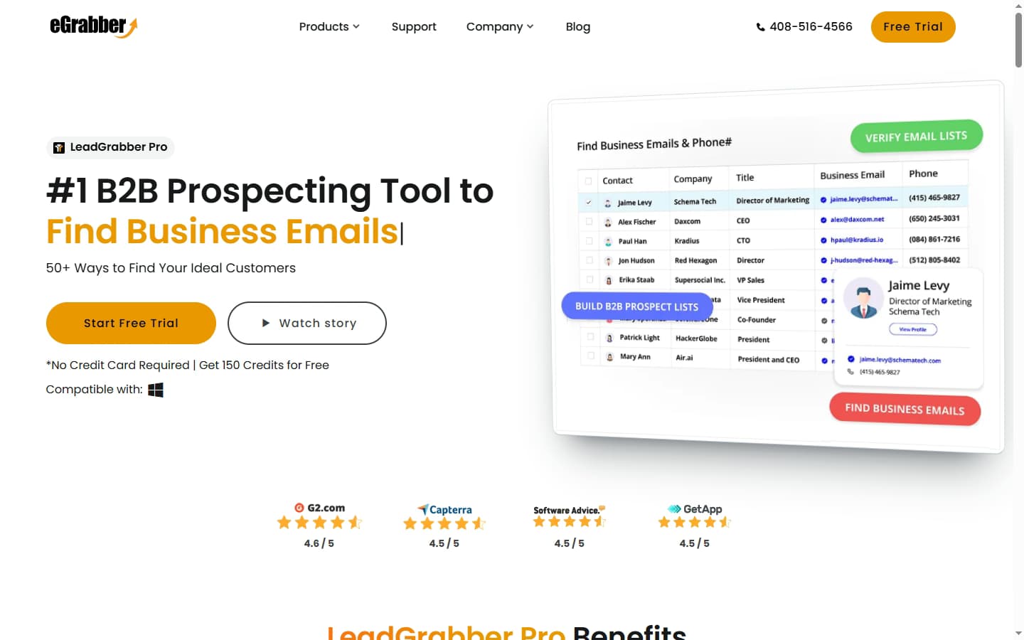eGrabber LeadGrabber Pro homepage — B2B prospecting desktop application for Windows 2026