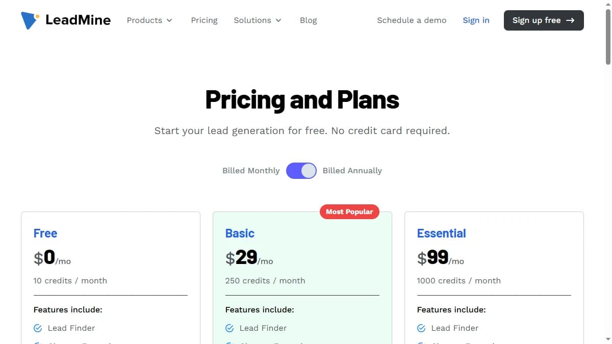 LeadMine pricing page 2026 — Free, Basic, and Essential credit plans