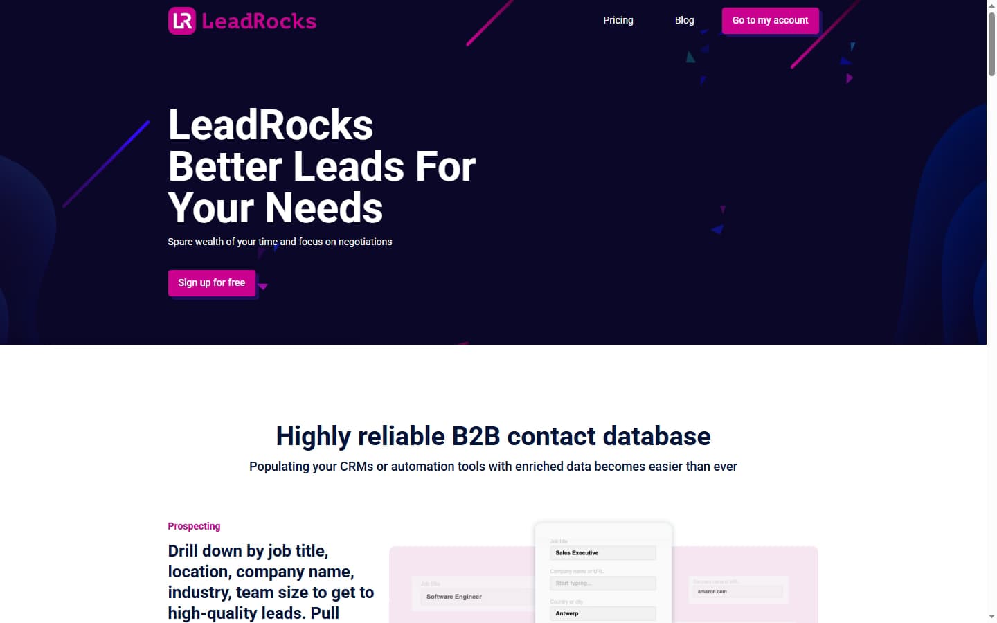 LeadRocks homepage — B2B contact database for the LeadRocks review 2026