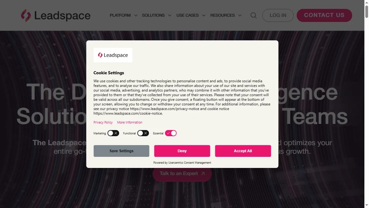 Leadspace B2B Customer Data Platform homepage — enterprise CDP baseline for comparison