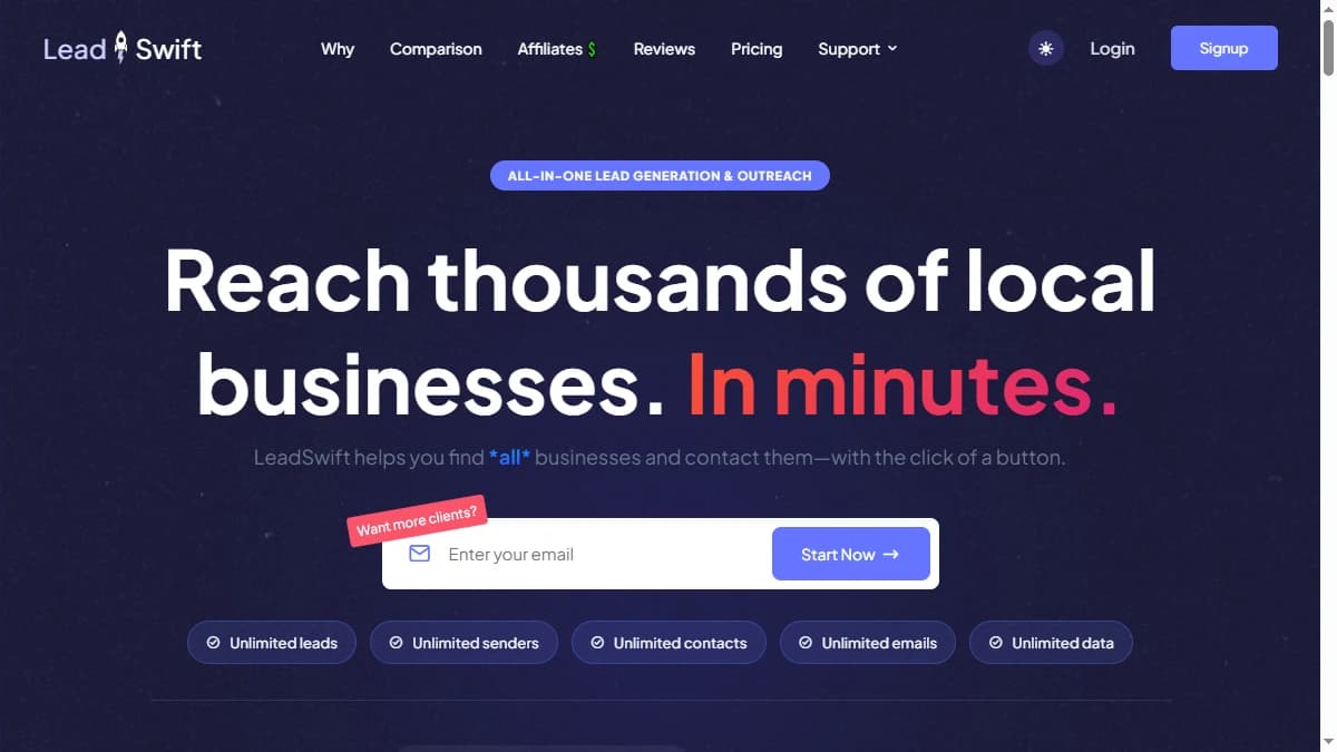 LeadSwift homepage — real-time local lead generation software, LeadSwift review 2026